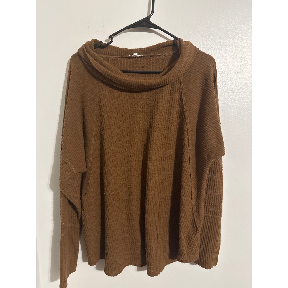 Maurices Womens XL Cognac Brown Waffle Knit Cowl Neck Thermal Pullover Top